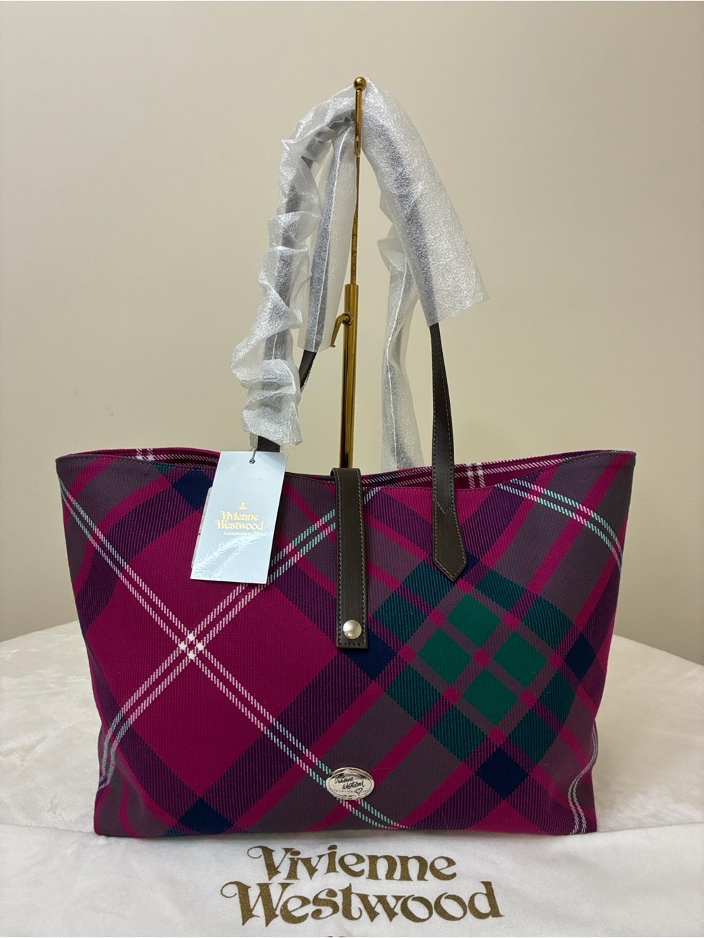 NWT Vivienne Westwood Toulon Plaid Wool Tote and Dust Bag